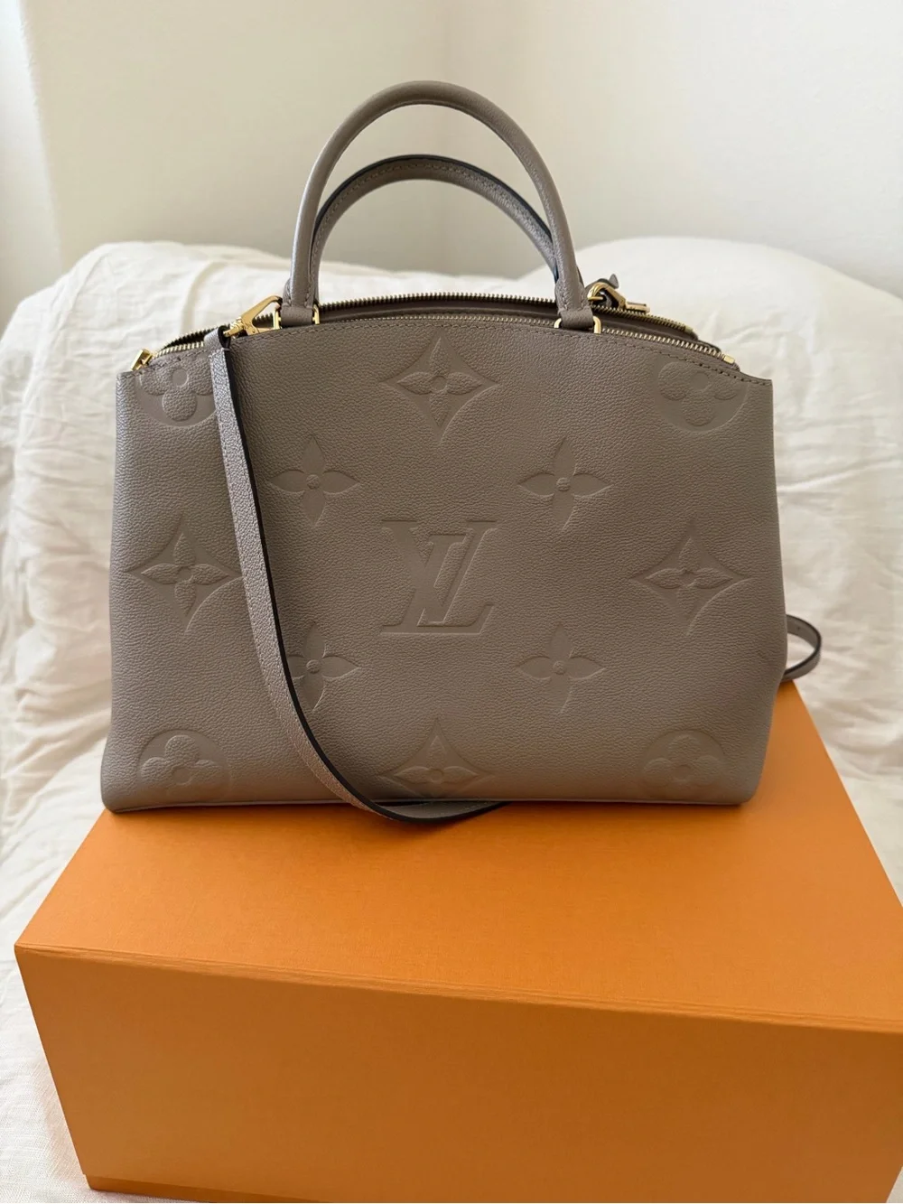 Louis Vuitton Taupe Embossed Monogram Satchel with Gold Hardware